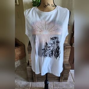 Maurices White Muscle Tee with Black Floral and Gold Sunburst Print